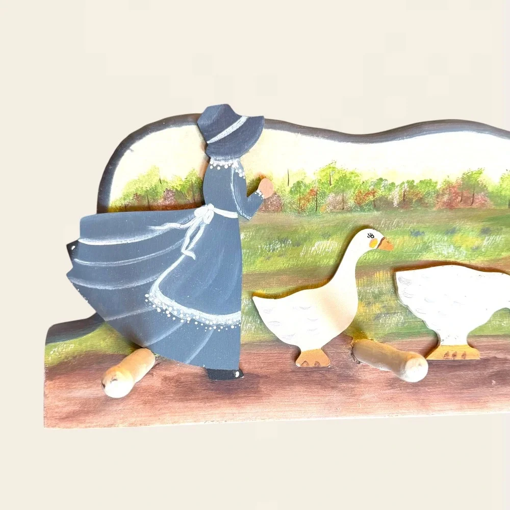 Vintage Hand Painted Wood Wall Peg Rack Farmhouse Goose Country Cottagecore